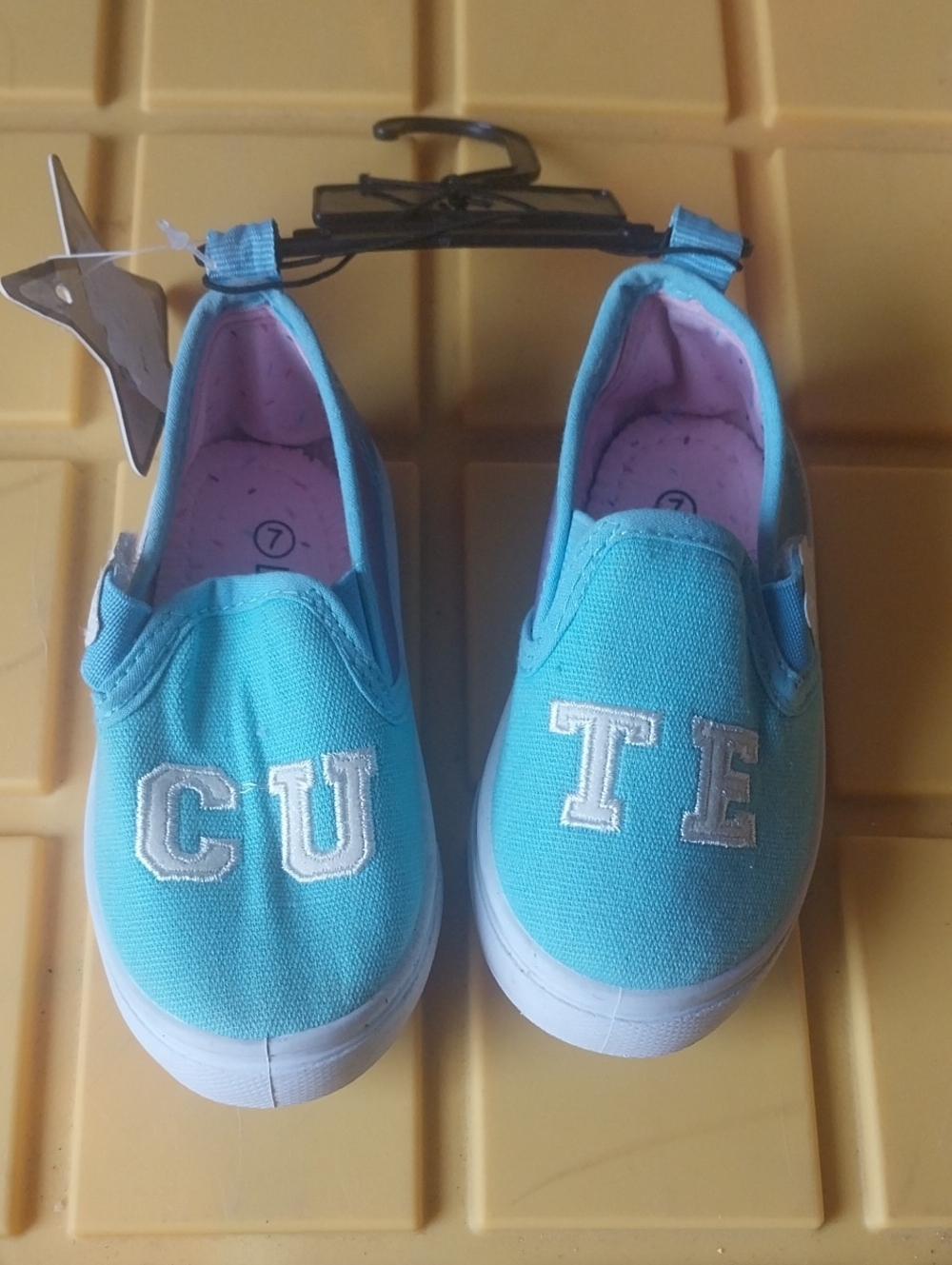 Kids Slip-On Canvas Sneakers in Light Blue with 'CUTE' Lettering